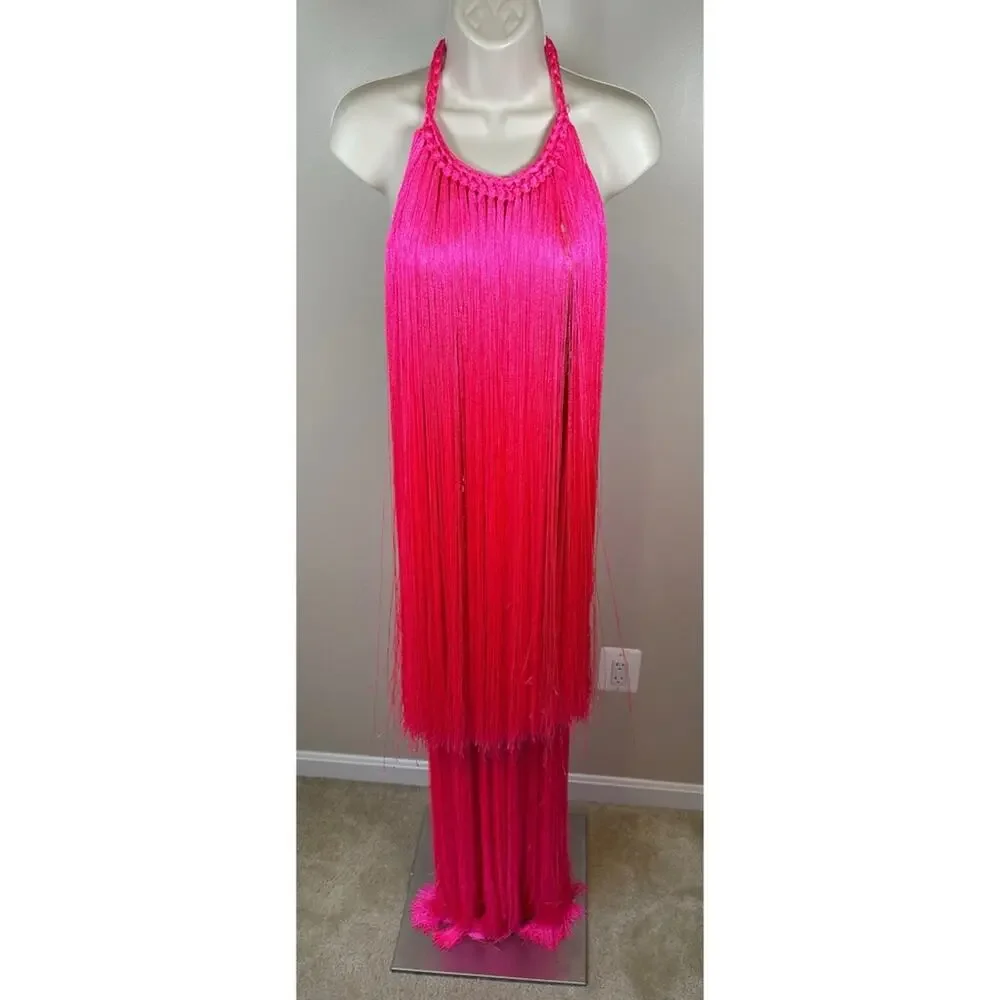 ANDREA ALMEIDA Bel Crochet Fringe Tiered Pink Maxi Dress Size XS/S - Picture 7 of 15